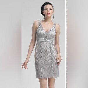 SUE WONG NOCTURNE silver beaded formal cocktail dress size 6